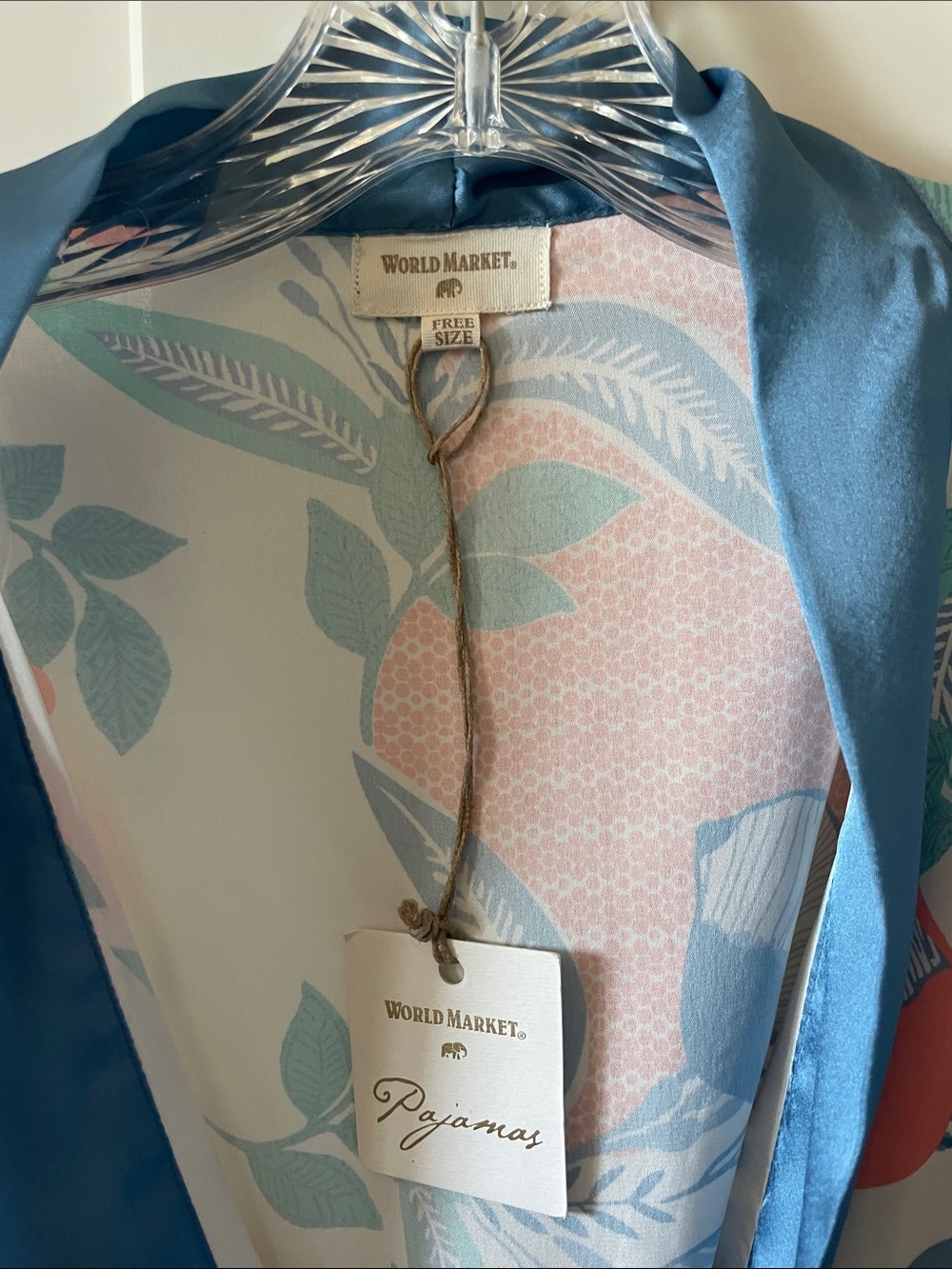 NWT World Market Blue and Coral Floral Satin Robe - Picture 4 of 9